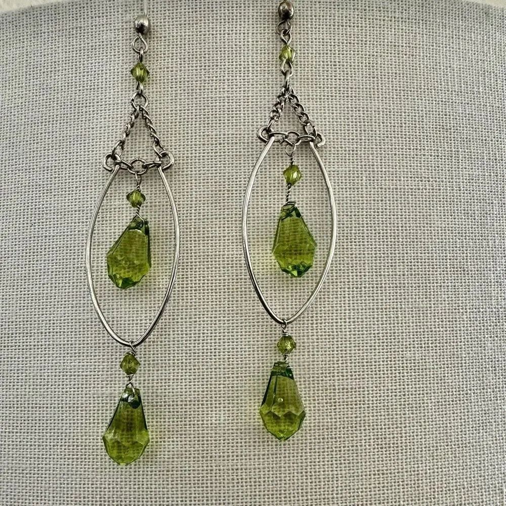 Silver tone green crystal beaded long earrings